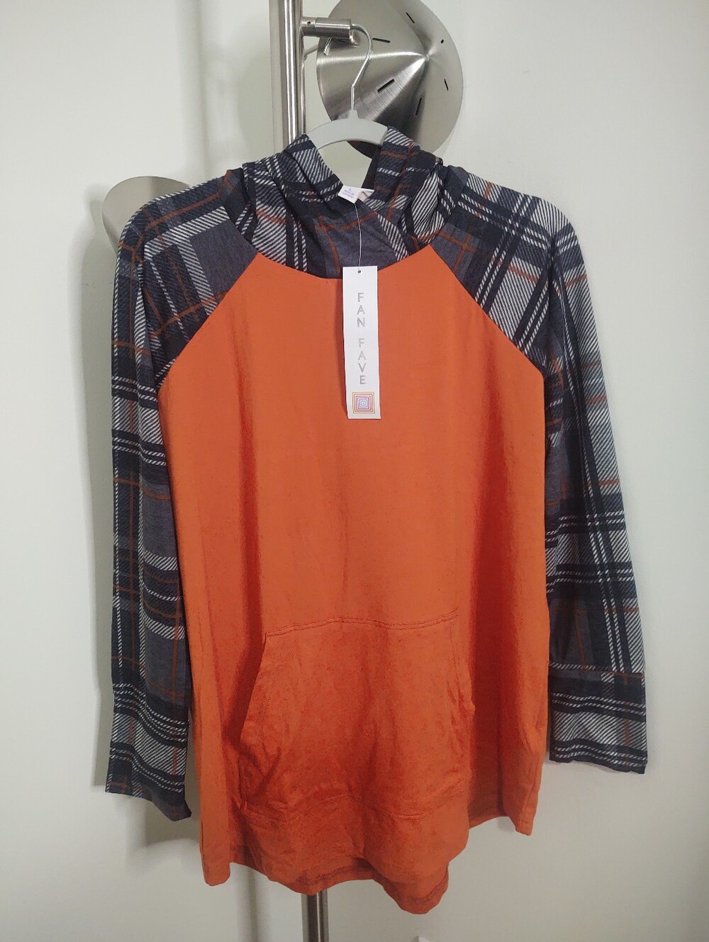 LuLaRoe Fan Fave Orange Hoodie with Black & Gray Plaid Sleeves Unicorns